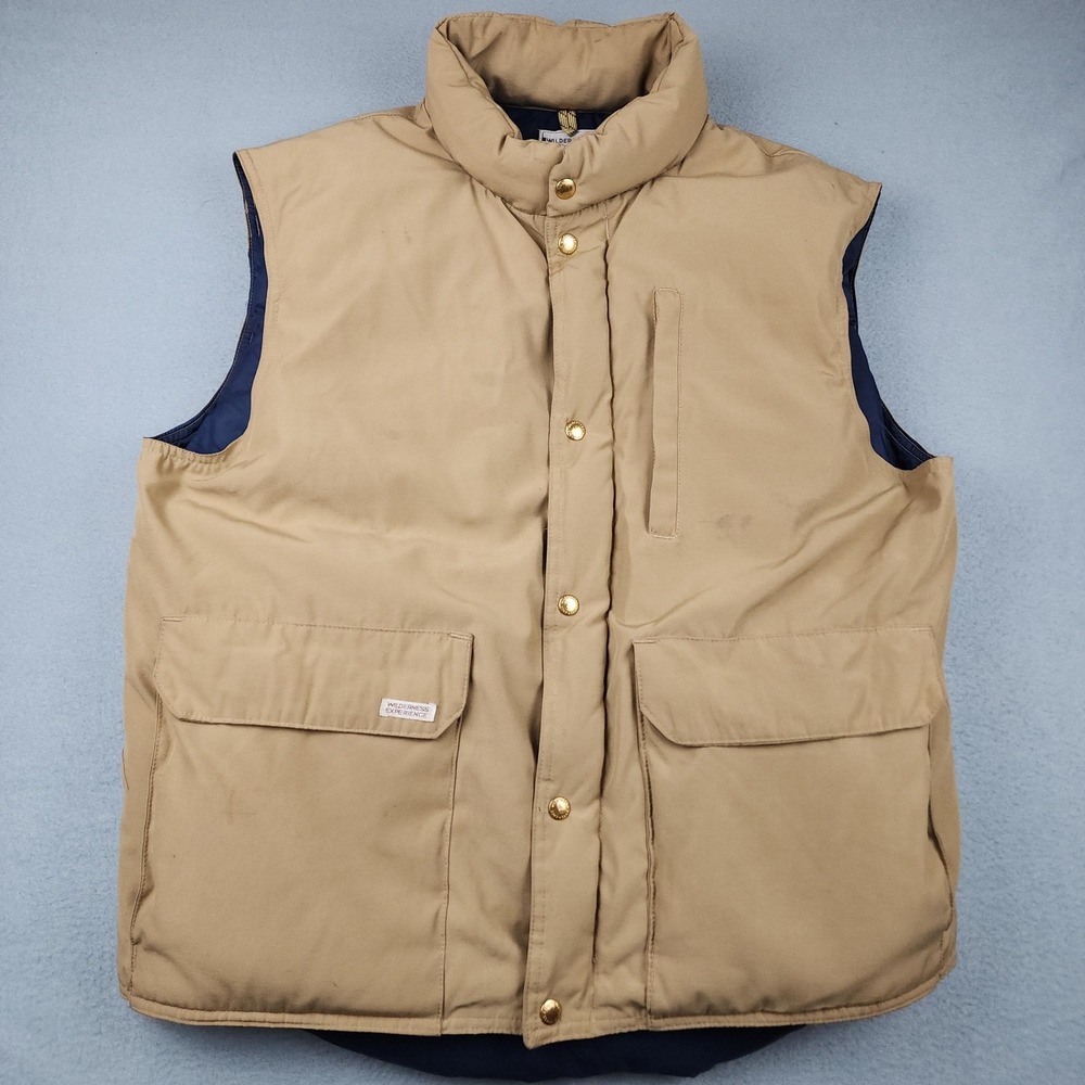Vintage Wilderness Experience Vest Mens XL Beige Canvas Puffer Snap Outdoor